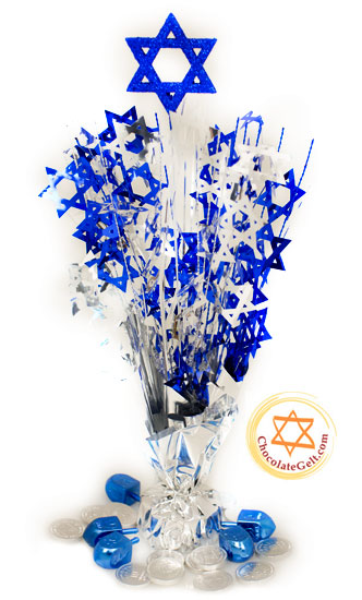 Hanukkah Centerpiece - 25 Silver or Blue Dreidels with 100 Milk Silver Coins
