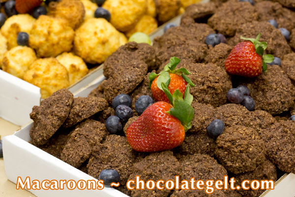 Passover chocolate macaroons in bulk made of coconut at a local kosher bakery” border=