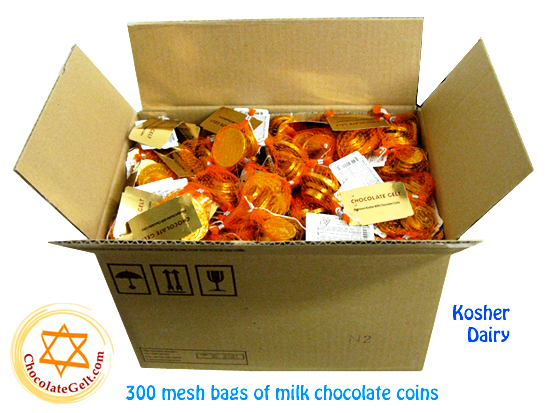 Wholesale Milk Chocolate Coins GOLD Kosher OU Dairy (CASE of 300 mesh bags)
